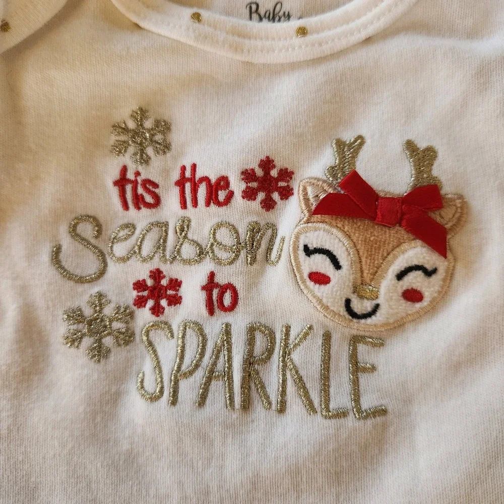 Baby Essentials White Long Sleeve Bodysuit Reindeer Sparkle Holiday‎ Sz 6 Months